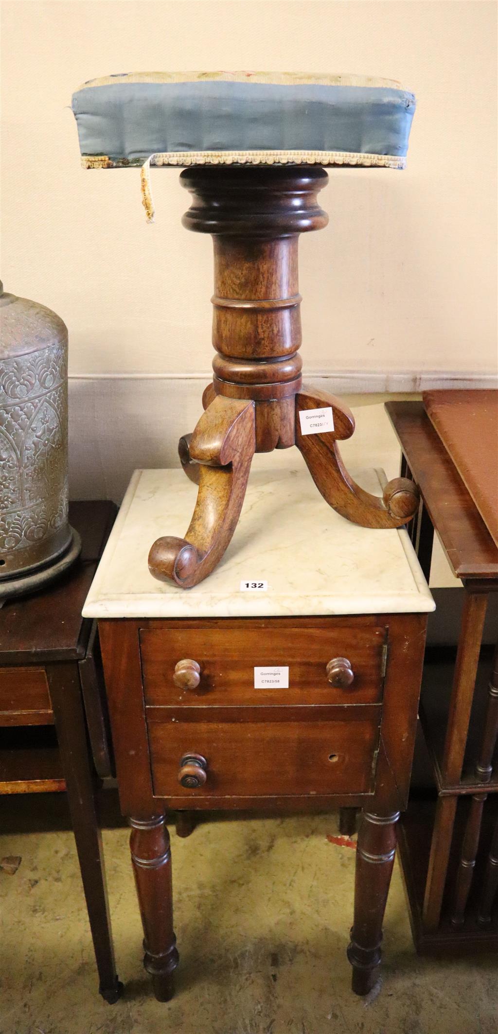 A Victorian mahogany pot cupboard, width 38cm, depth 40cm, height 77cm and a tapestry Victorian piano stool